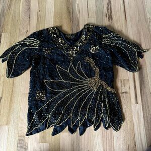 VINTAGE GOLD STAR M 70's beaded sequin gauze hollywood quarter sleeve blouse